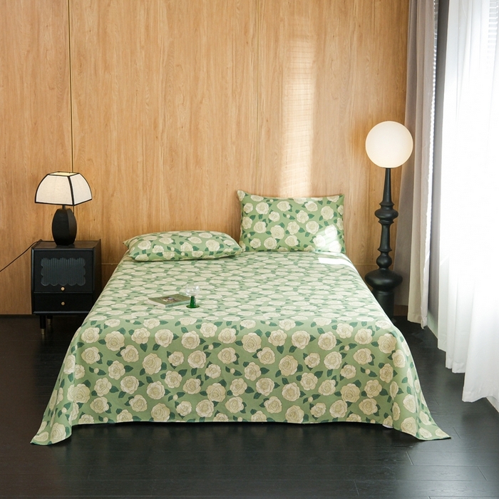 91家纺网 家纺一手货源 找家纺 慕绸家纺（原萌宝老粗布厂家） 2025新款老粗布老帆布空调软凉席原棉粗纱系列床单三件套 山茶花