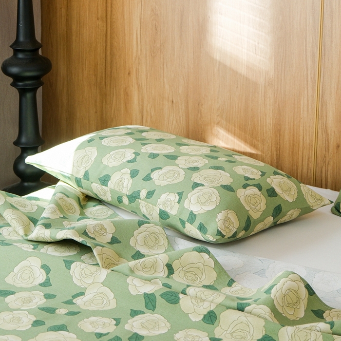 91家纺网 家纺一手货源 找家纺 慕绸家纺（原萌宝老粗布厂家） 2025新款老粗布老帆布空调软凉席原棉粗纱系列床单三件套 山茶花