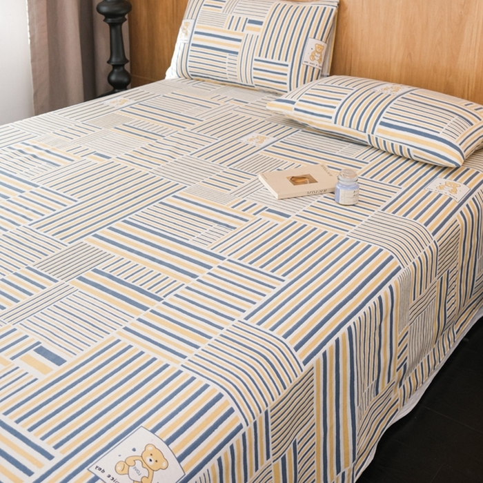 91家纺网 家纺一手货源 找家纺 慕绸家纺（原萌宝老粗布厂家） 2025新款老粗布老帆布空调软凉席原棉粗纱系列床单三件套 条条熊