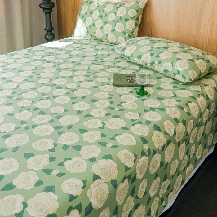 91家纺网 家纺一手货源 找家纺 慕绸家纺（原萌宝老粗布厂家） 2025新款老粗布老帆布空调软凉席原棉粗纱系列床单三件套 山茶花