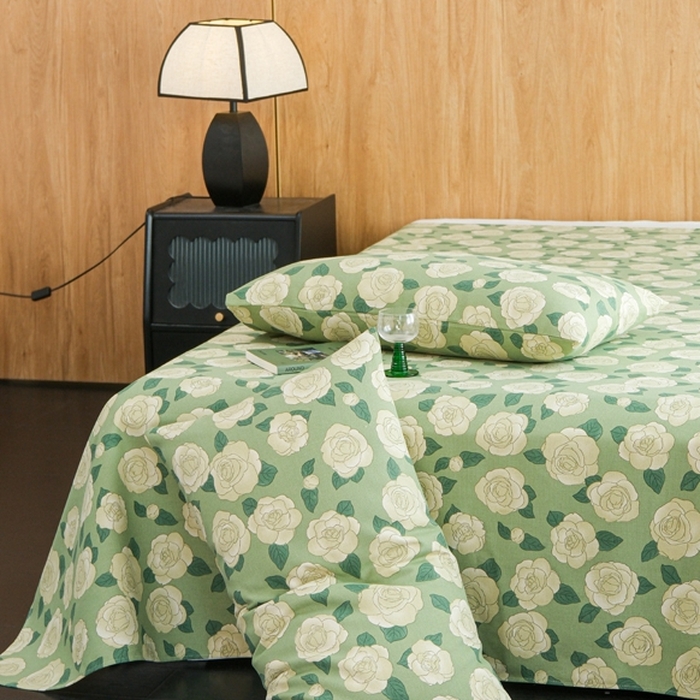 91家纺网 家纺一手货源 找家纺 慕绸家纺（原萌宝老粗布厂家） 2025新款老粗布老帆布空调软凉席原棉粗纱系列床单三件套 山茶花