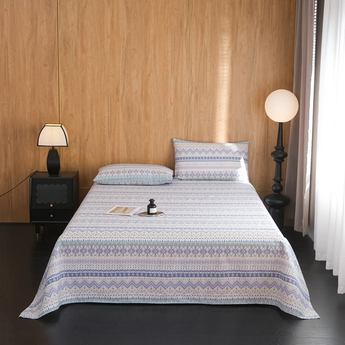 91家纺网 家纺一手货源 找家纺 慕绸家纺（原萌宝老粗布厂家） 2025新款老粗布老帆布空调软凉席原棉粗纱系列床单三件套 圣托里尼