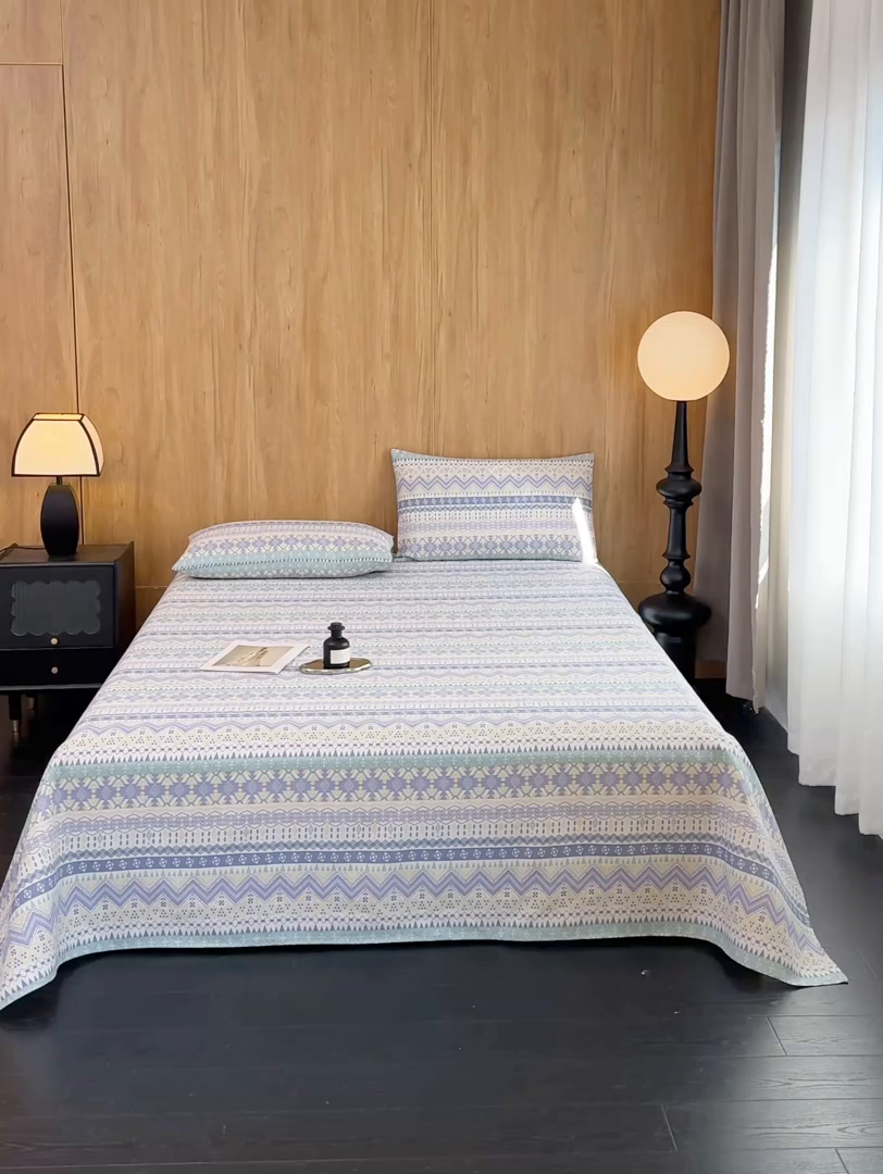 91家纺网 家纺一手货源 找家纺 慕绸家纺（原萌宝老粗布厂家） 2025新款老粗布老帆布空调软凉席原棉粗纱系列床单三件套 圣托里尼