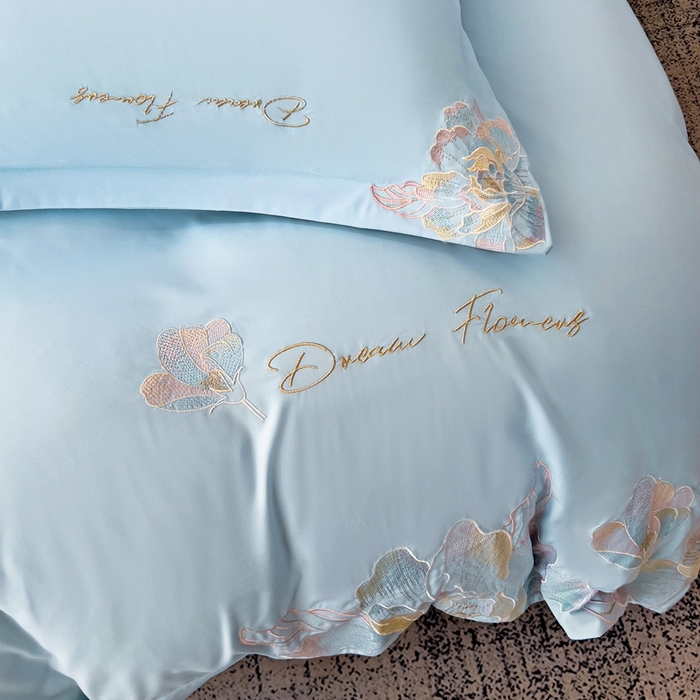 91家纺网 家纺一手货源 找家纺 梧桐家居 2025新款简约轻奢亲肤棉刺绣款四件套 花枝语-蓝