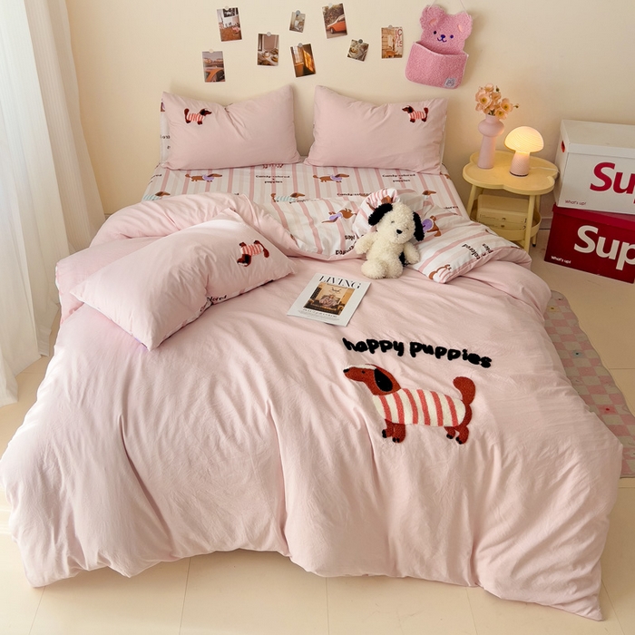 91家纺网 家纺一手货源 找家纺 梧桐家居 2025新款水洗云朵棉毛巾绣印花加绣花系列四件套 卡其诺