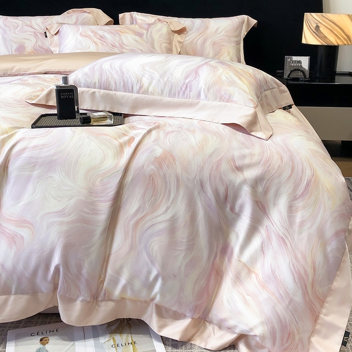 91家纺网 家纺一手货源 找家纺 东方名伶 2025新款莱赛尔兰精天丝棉数码印花宽边四件套 清扬-粉