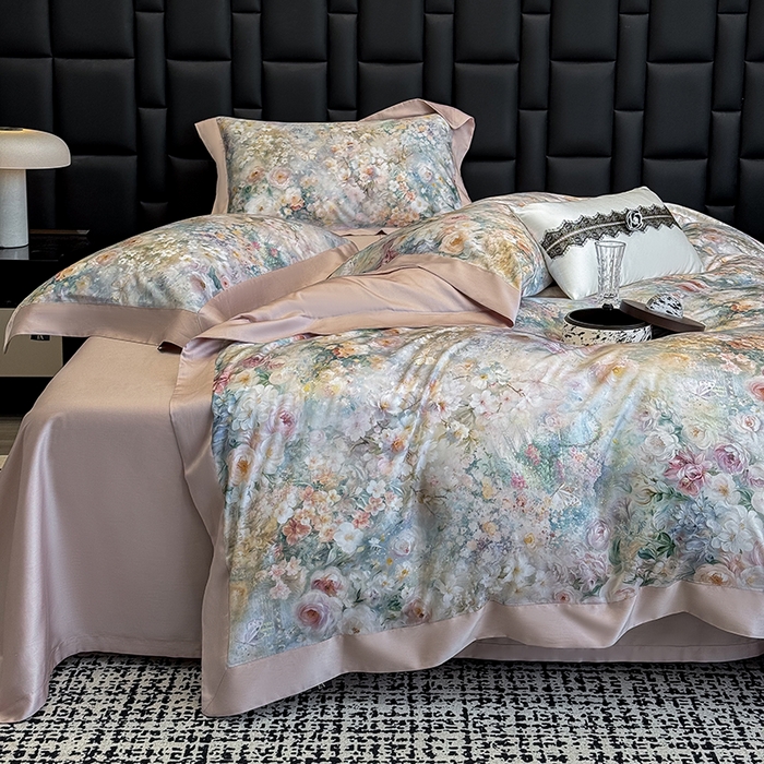 91家纺网 家纺一手货源 找家纺 东方名伶 2025新款莱赛尔兰精天丝棉数码印花宽边四件套 漫漫花开-绿