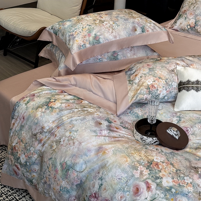 91家纺网 家纺一手货源 找家纺 东方名伶 2025新款莱赛尔兰精天丝棉数码印花宽边四件套 漫漫花开-绿