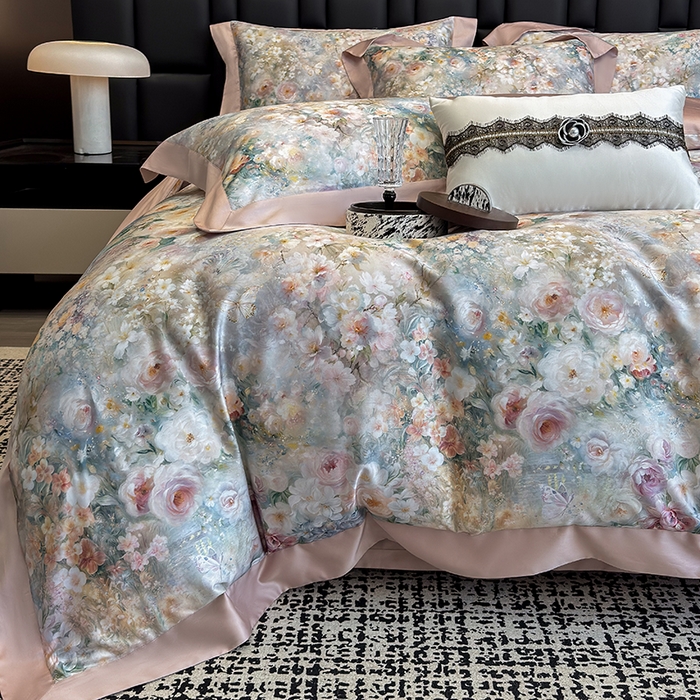 91家纺网 家纺一手货源 找家纺 东方名伶 2025新款莱赛尔兰精天丝棉数码印花宽边四件套 漫漫花开-绿