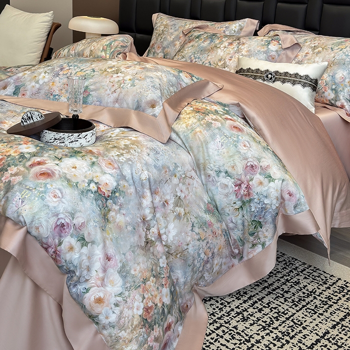 91家纺网 家纺一手货源 找家纺 东方名伶 2025新款莱赛尔兰精天丝棉数码印花宽边四件套 漫漫花开-绿