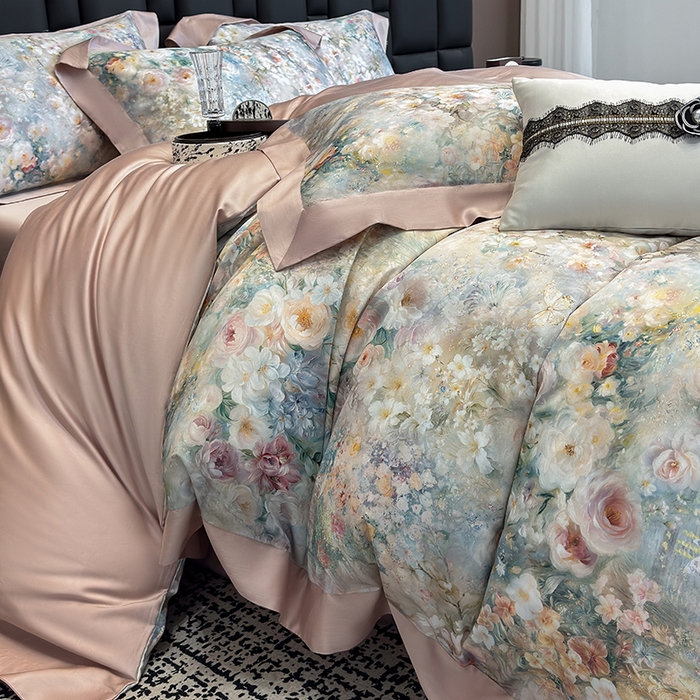 91家纺网 家纺一手货源 找家纺 东方名伶 2025新款莱赛尔兰精天丝棉数码印花宽边四件套 漫漫花开-绿