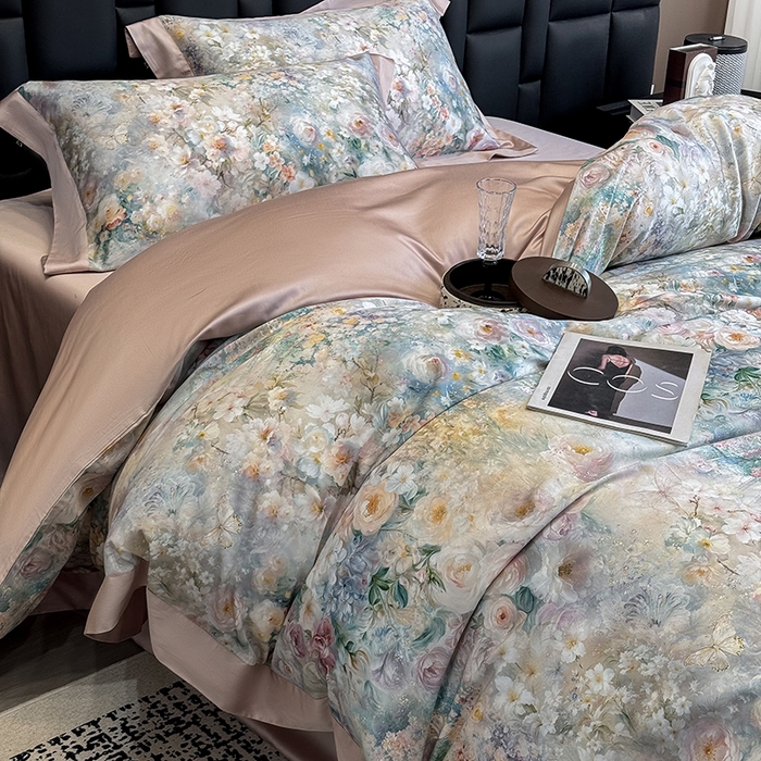 91家纺网 家纺一手货源 找家纺 东方名伶 2025新款莱赛尔兰精天丝棉数码印花宽边四件套 漫漫花开-绿