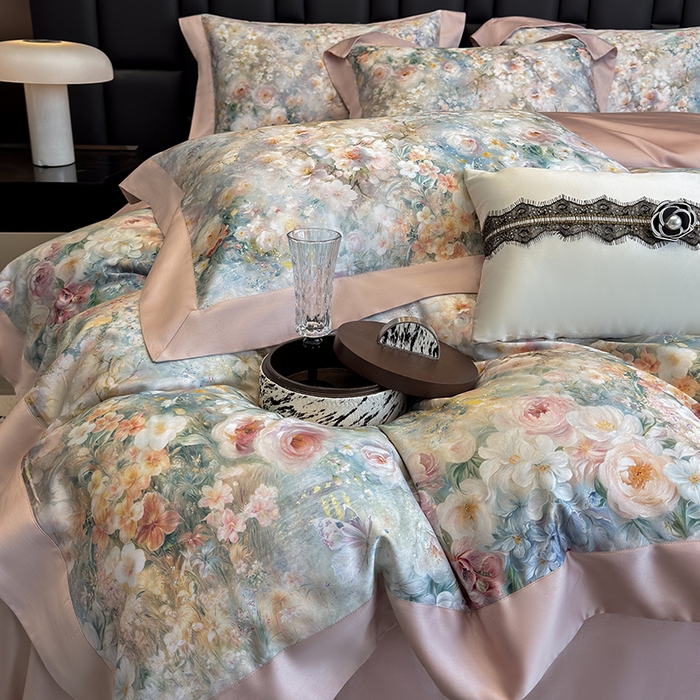 91家纺网 家纺一手货源 找家纺 东方名伶 2025新款莱赛尔兰精天丝棉数码印花宽边四件套 漫漫花开-绿