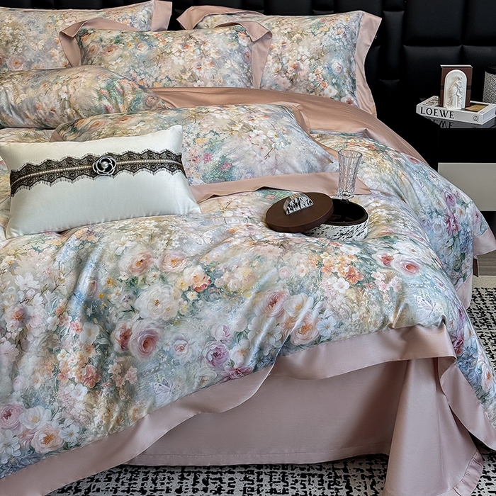 91家纺网 家纺一手货源 找家纺 东方名伶 2025新款莱赛尔兰精天丝棉数码印花宽边四件套 漫漫花开-绿