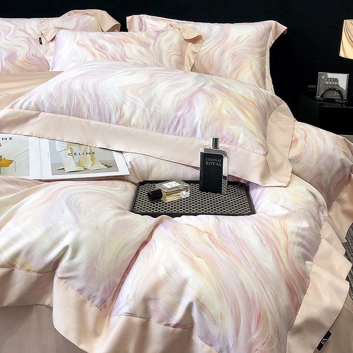 91家纺网 家纺一手货源 找家纺 东方名伶 2025新款莱赛尔兰精天丝棉数码印花宽边四件套 清扬-粉