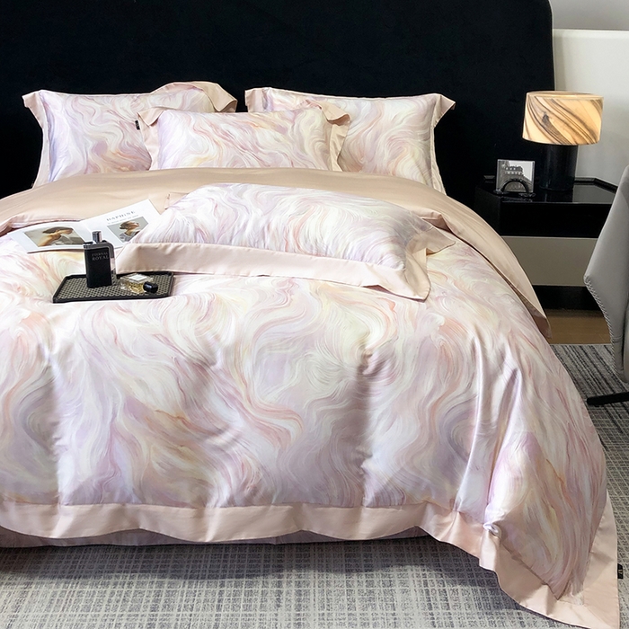 91家纺网 家纺一手货源 找家纺 东方名伶 2025新款莱赛尔兰精天丝棉数码印花宽边四件套 清扬-粉