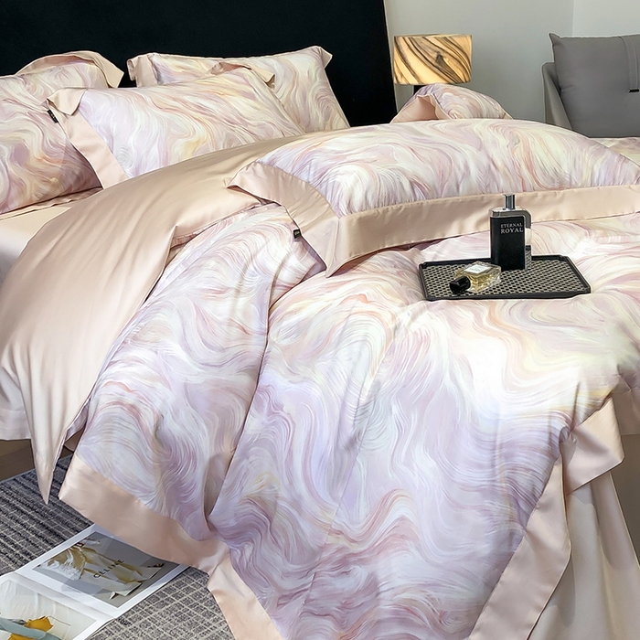 91家纺网 家纺一手货源 找家纺 东方名伶 2025新款莱赛尔兰精天丝棉数码印花宽边四件套 清扬-粉