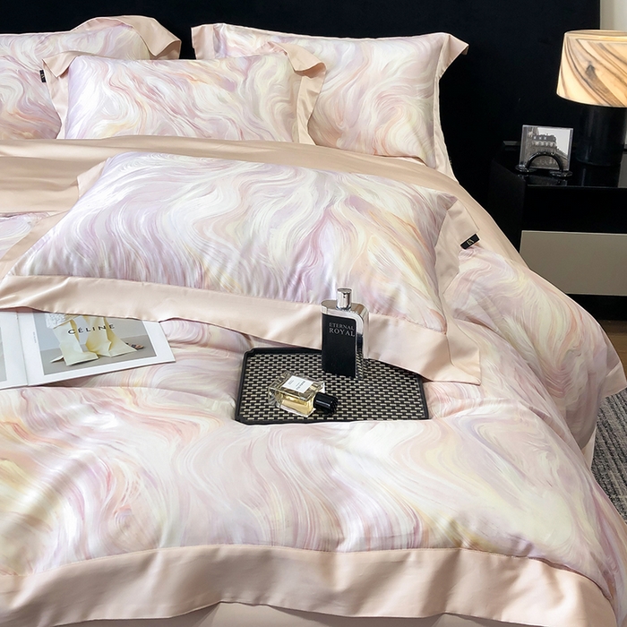 91家纺网 家纺一手货源 找家纺 东方名伶 2025新款莱赛尔兰精天丝棉数码印花宽边四件套 清扬-粉