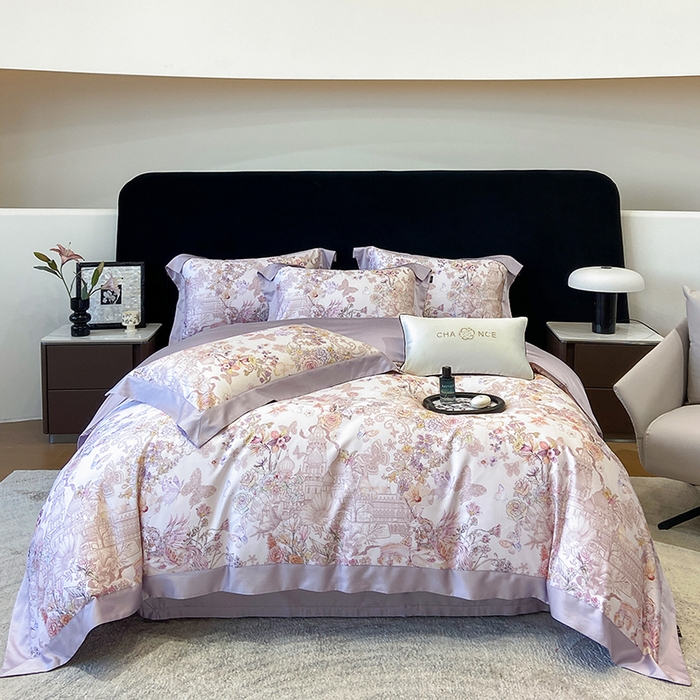 91家纺网 家纺一手货源 找家纺 东方名伶 2025新款莱赛尔兰精天丝棉数码印花宽边四件套 深绯秘境