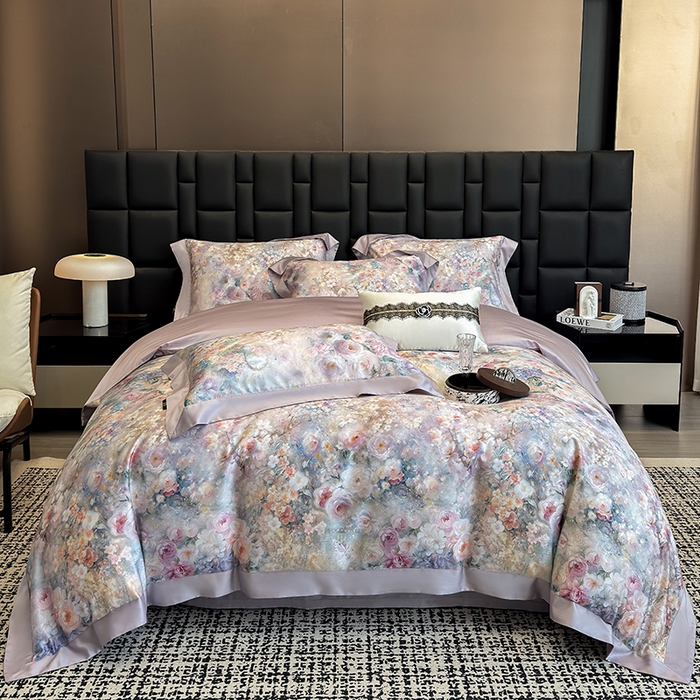 91家纺网 家纺一手货源 找家纺 东方名伶 2025新款莱赛尔兰精天丝棉数码印花宽边四件套 漫漫花开-紫