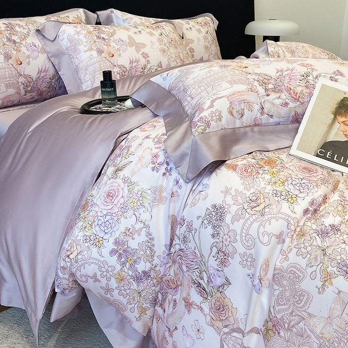 91家纺网 家纺一手货源 找家纺 东方名伶 2025新款莱赛尔兰精天丝棉数码印花宽边四件套 深绯秘境