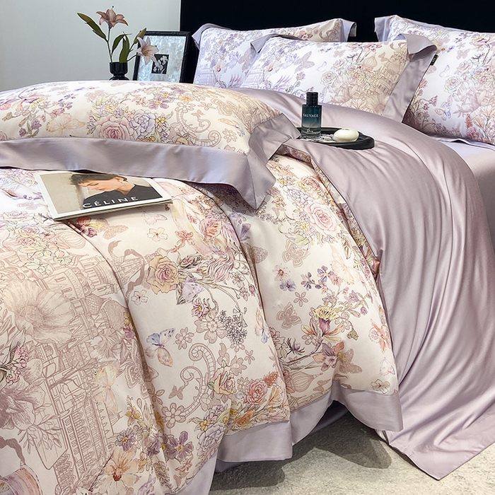 91家纺网 家纺一手货源 找家纺 东方名伶 2025新款莱赛尔兰精天丝棉数码印花宽边四件套 深绯秘境