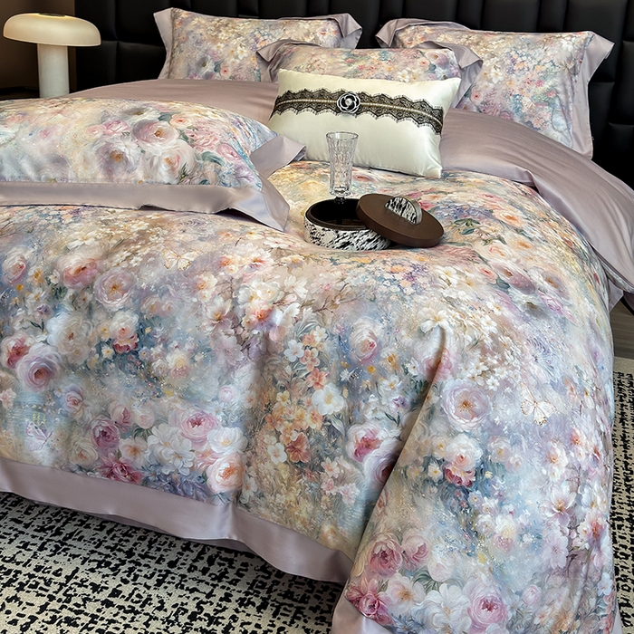 91家纺网 家纺一手货源 找家纺 东方名伶 2025新款莱赛尔兰精天丝棉数码印花宽边四件套 漫漫花开-紫