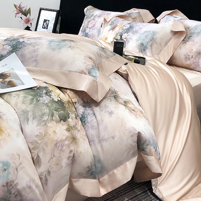 91家纺网 家纺一手货源 找家纺 东方名伶 2025新款莱赛尔兰精天丝棉数码印花宽边四件套 浅浅花语-粉