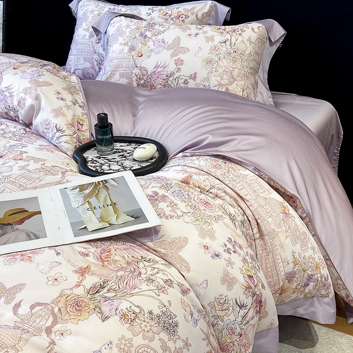 91家纺网 家纺一手货源 找家纺 东方名伶 2025新款莱赛尔兰精天丝棉数码印花宽边四件套 深绯秘境