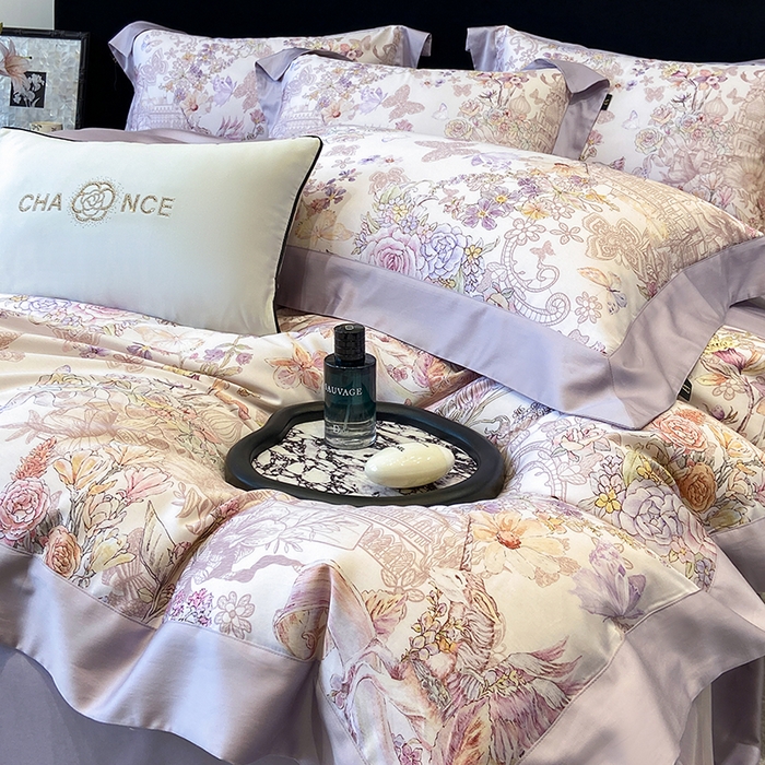 91家纺网 家纺一手货源 找家纺 东方名伶 2025新款莱赛尔兰精天丝棉数码印花宽边四件套 深绯秘境