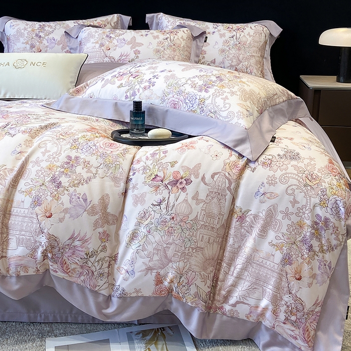 91家纺网 家纺一手货源 找家纺 东方名伶 2025新款莱赛尔兰精天丝棉数码印花宽边四件套 深绯秘境