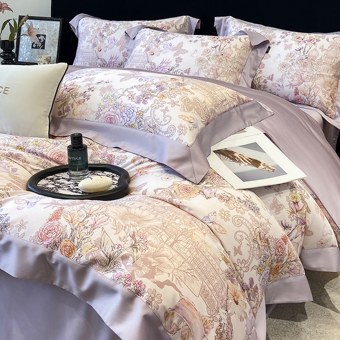 91家纺网 家纺一手货源 找家纺 东方名伶 2025新款莱赛尔兰精天丝棉数码印花宽边四件套 深绯秘境