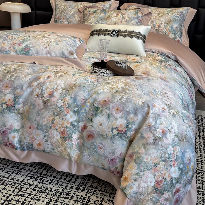 91家纺网 家纺一手货源 找家纺 东方名伶 2025新款莱赛尔兰精天丝棉数码印花宽边四件套 漫漫花开-绿