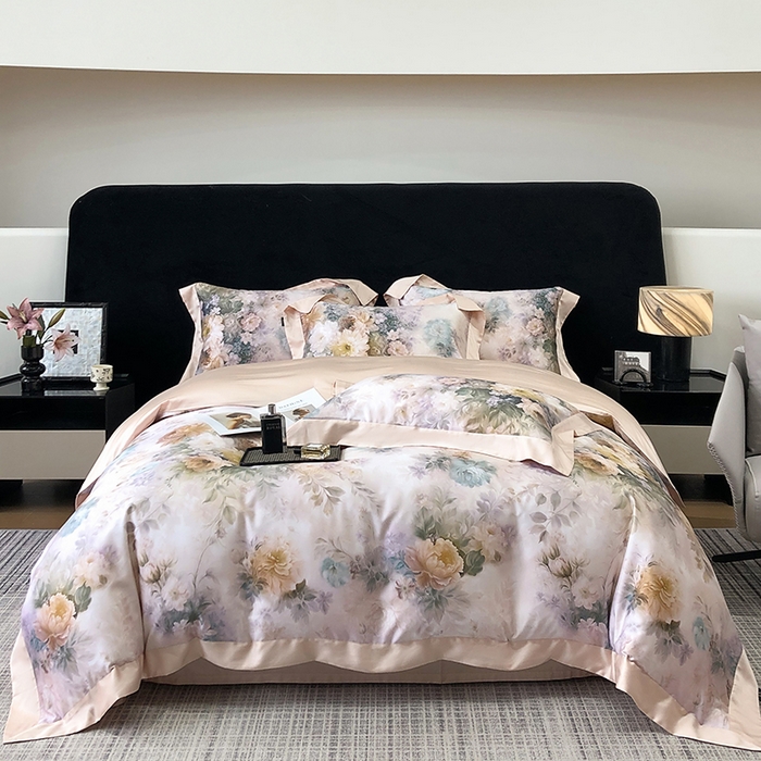 91家纺网 家纺一手货源 找家纺 东方名伶 2025新款莱赛尔兰精天丝棉数码印花宽边四件套 浅浅花语-粉