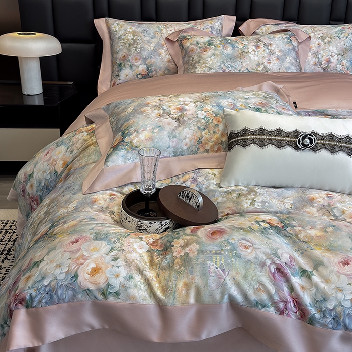 91家纺网 家纺一手货源 找家纺 东方名伶 2025新款莱赛尔兰精天丝棉数码印花宽边四件套 漫漫花开-绿