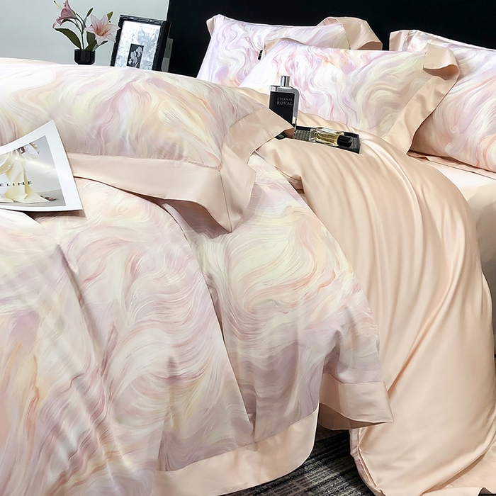 91家纺网 家纺一手货源 找家纺 东方名伶 2025新款莱赛尔兰精天丝棉数码印花宽边四件套 清扬-粉