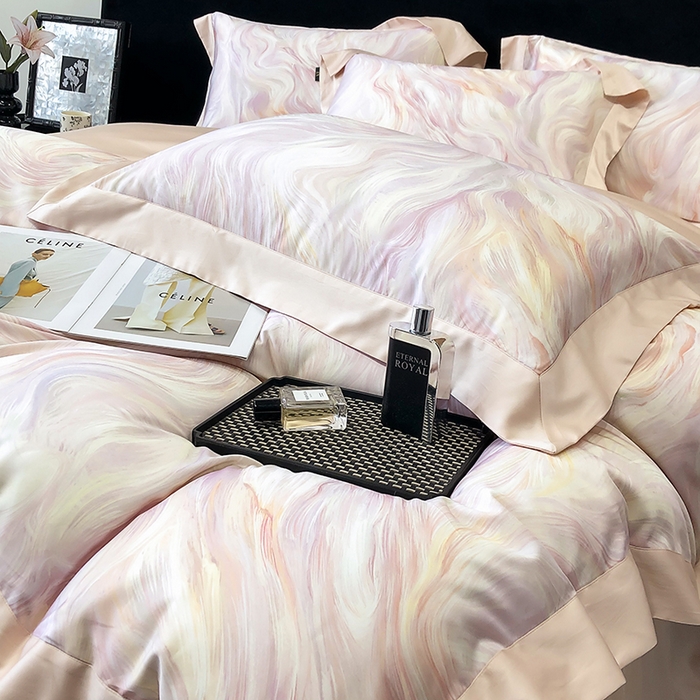 91家纺网 家纺一手货源 找家纺 东方名伶 2025新款莱赛尔兰精天丝棉数码印花宽边四件套 清扬-粉