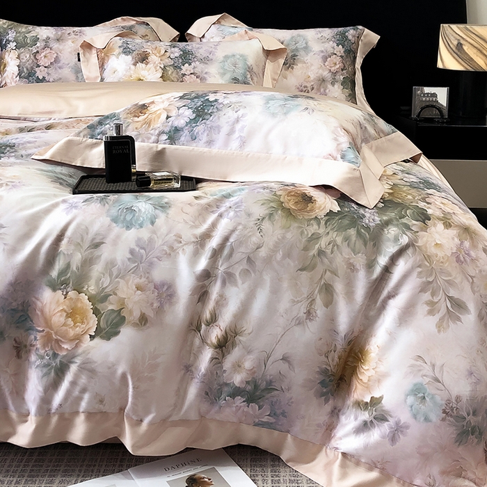 91家纺网 家纺一手货源 找家纺 东方名伶 2025新款莱赛尔兰精天丝棉数码印花宽边四件套 浅浅花语-粉