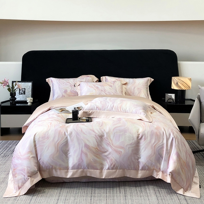 91家纺网 家纺一手货源 找家纺 东方名伶 2025新款莱赛尔兰精天丝棉数码印花宽边四件套 清扬-粉