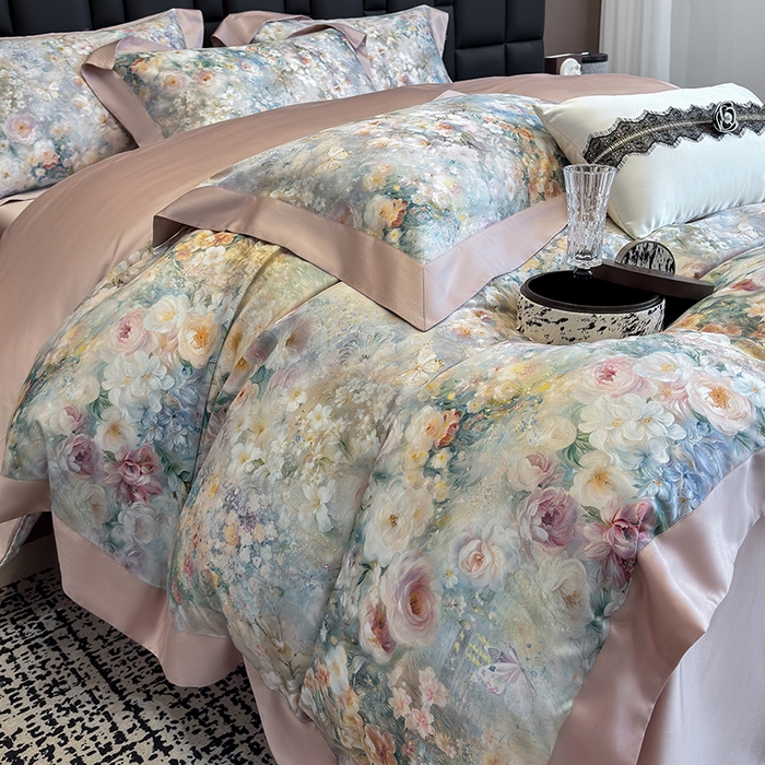 91家纺网 家纺一手货源 找家纺 东方名伶 2025新款莱赛尔兰精天丝棉数码印花宽边四件套 漫漫花开-绿