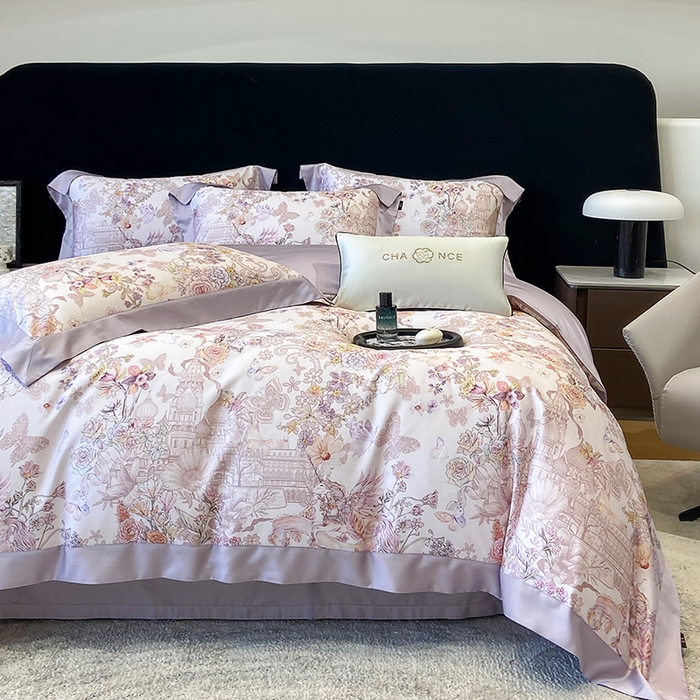 91家纺网 家纺一手货源 找家纺 东方名伶 2025新款莱赛尔兰精天丝棉数码印花宽边四件套 深绯秘境