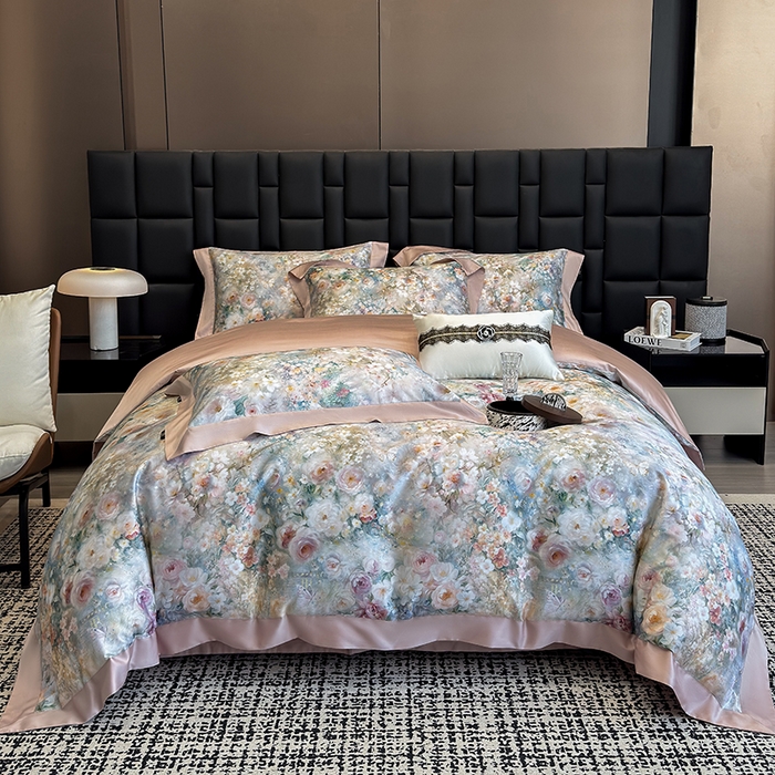 91家纺网 家纺一手货源 找家纺 东方名伶 2025新款莱赛尔兰精天丝棉数码印花宽边四件套 漫漫花开-绿