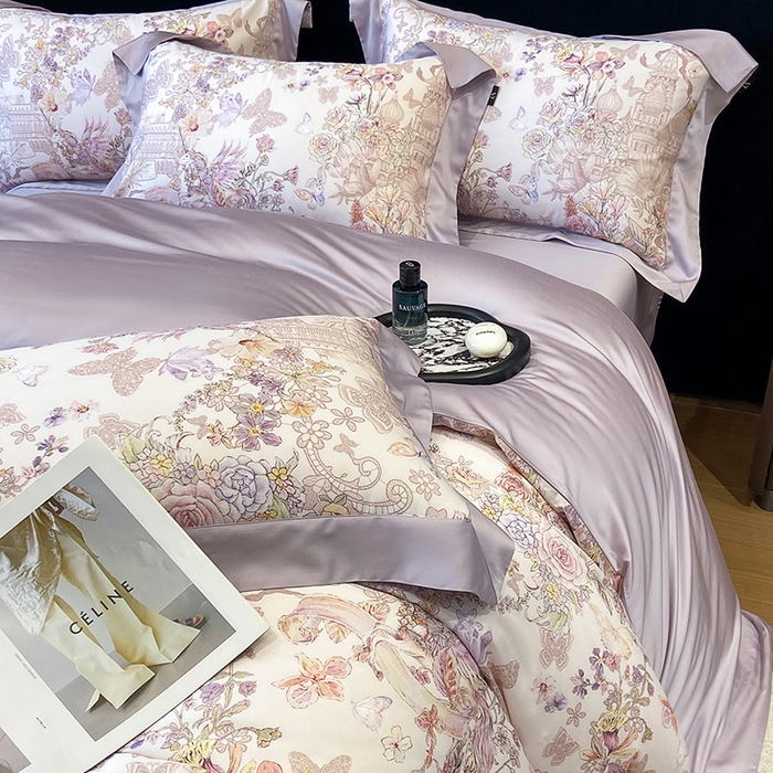 91家纺网 家纺一手货源 找家纺 东方名伶 2025新款莱赛尔兰精天丝棉数码印花宽边四件套 深绯秘境