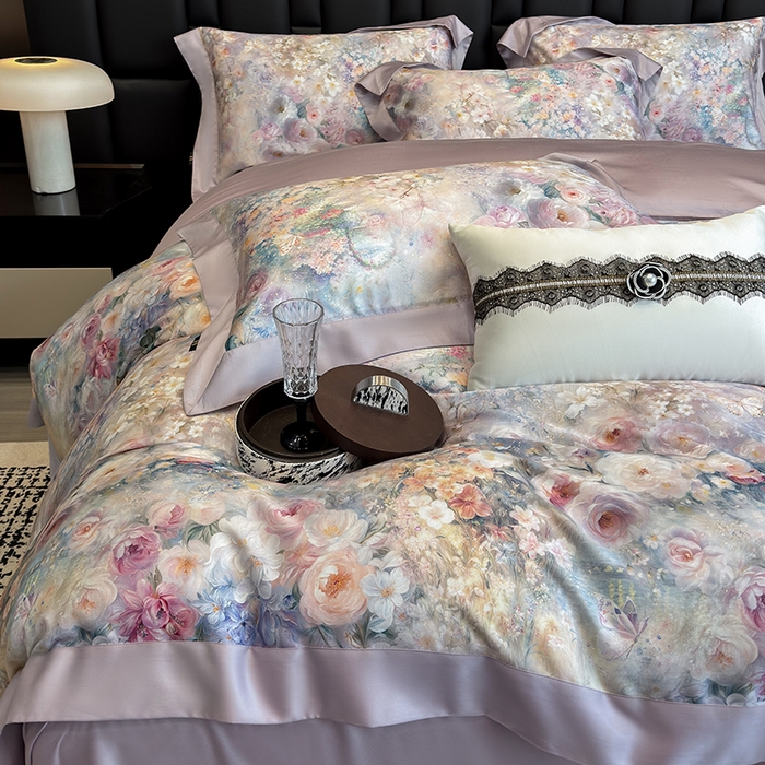 91家纺网 家纺一手货源 找家纺 东方名伶 2025新款莱赛尔兰精天丝棉数码印花宽边四件套 漫漫花开-紫