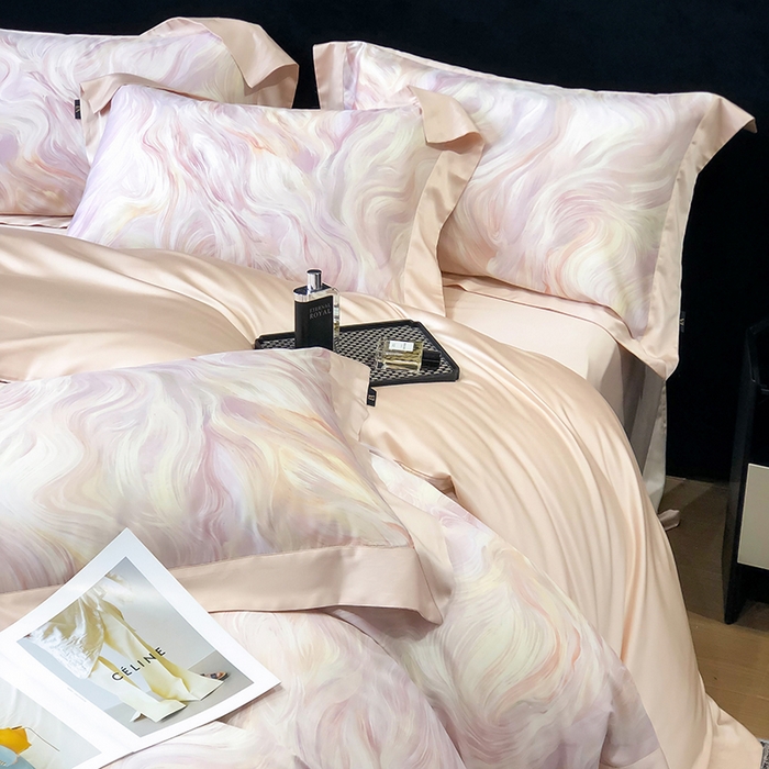 91家纺网 家纺一手货源 找家纺 东方名伶 2025新款莱赛尔兰精天丝棉数码印花宽边四件套 清扬-粉