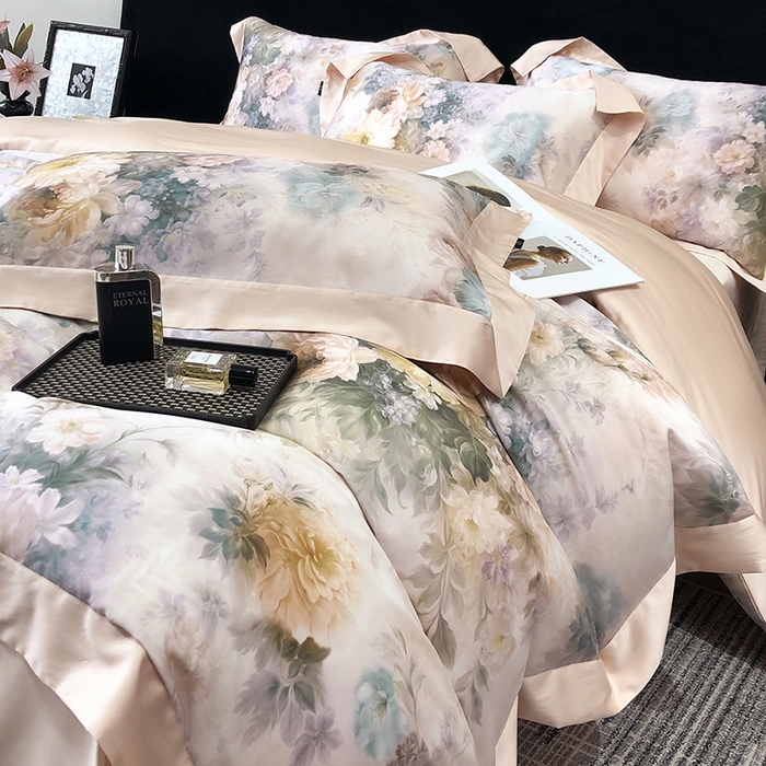 91家纺网 家纺一手货源 找家纺 东方名伶 2025新款莱赛尔兰精天丝棉数码印花宽边四件套 浅浅花语-粉