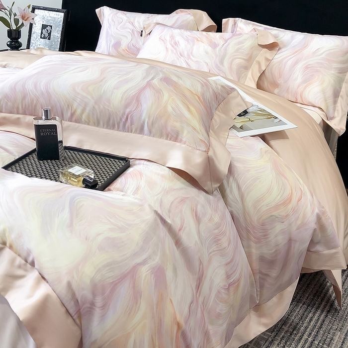 91家纺网 家纺一手货源 找家纺 东方名伶 2025新款莱赛尔兰精天丝棉数码印花宽边四件套 清扬-粉