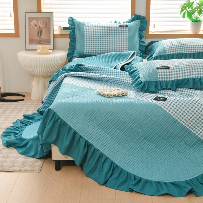 91家纺网 家纺一手货源 找家纺 鹿辉家居（原吉欧力） 2025新款无印风数码床盖三件套 无印风-湖绿