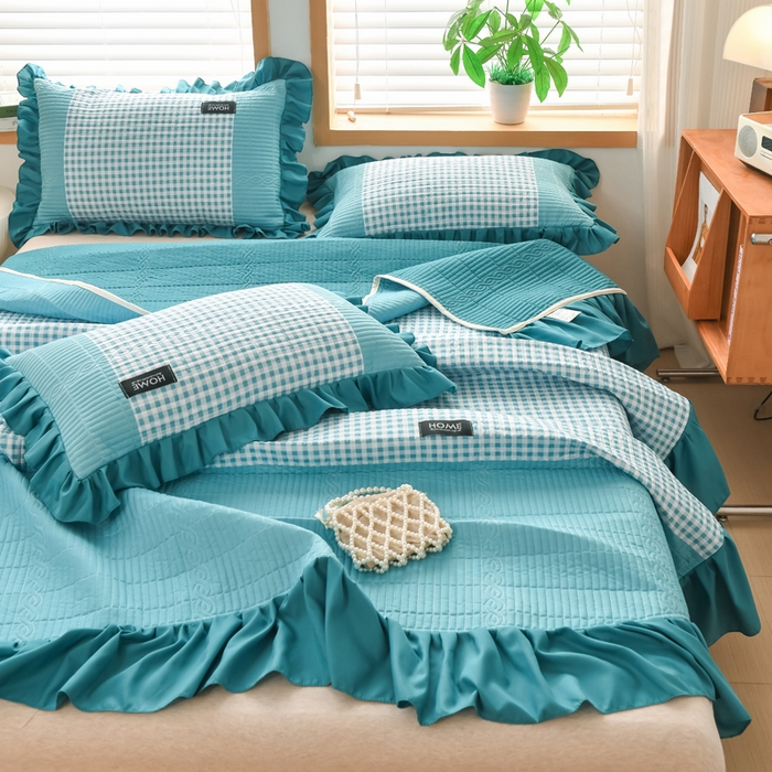 91家纺网 家纺一手货源 找家纺 鹿辉家居（原吉欧力） 2025新款无印风数码床盖三件套 无印风-湖绿