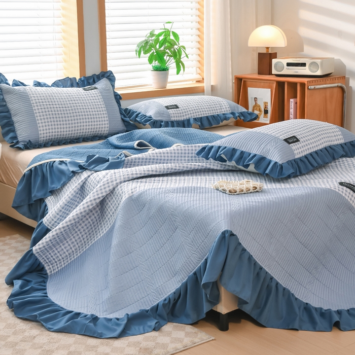 91家纺网 家纺一手货源 找家纺 鹿辉家居（原吉欧力） 2025新款无印风数码床盖三件套 无印风-蓝